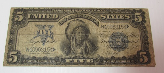 US SILVER CERTIFICATE $5 NOTE 1899 INDIAN CHIEF