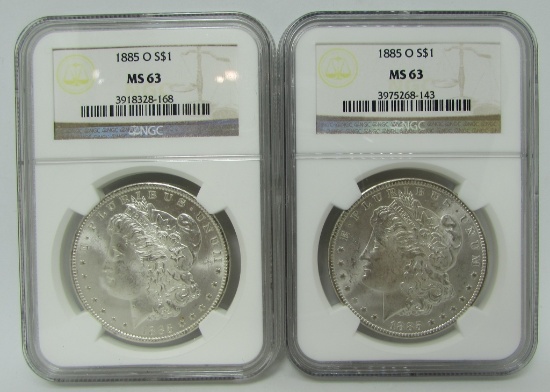 PAIR 1885 O MORGAN SILVER DOLLARS MS 63 NGC
