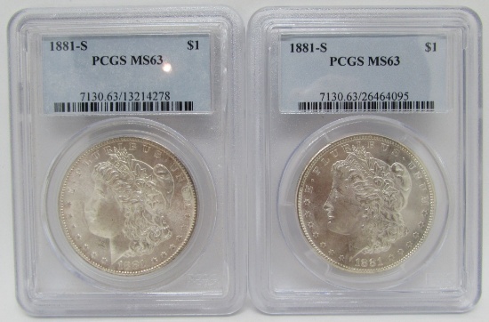 PAIR 1881 S MORGAN SILVER DOLLARS MS 63 PCGS