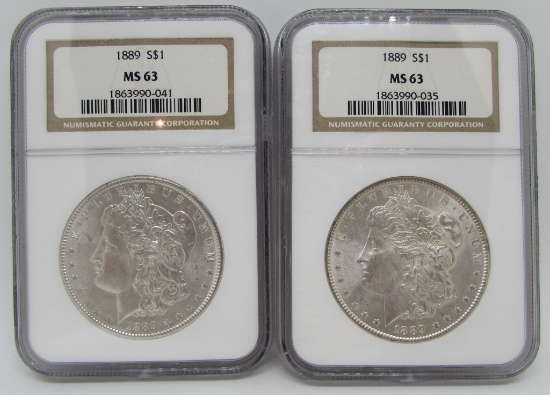 PAIR 1889 MORGAN SILVER DOLLARS MS 63 NGC