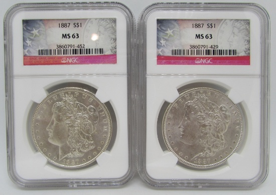 PAIR 1887 MORGAN SILVER DOLLARS MS 63NGC