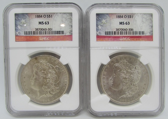 PAIR 1884 O MORGAN SILVER DOLLARS MS63 NGC