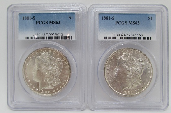 PAIR 1881 S MORGAN SILVER DOLLARS MS 63 PCGS