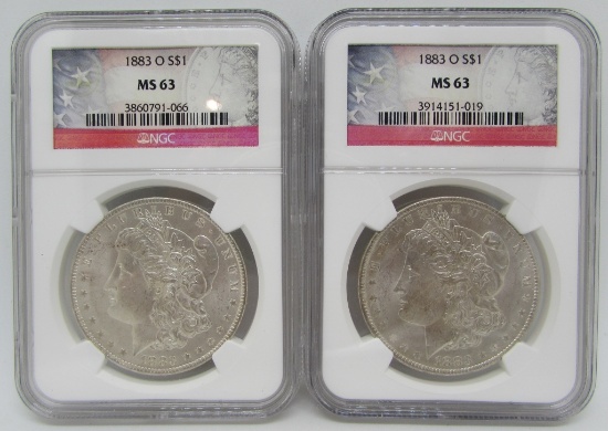 PAIR 1883 O MORGAN SILVER DOLLARS MS63 NGC