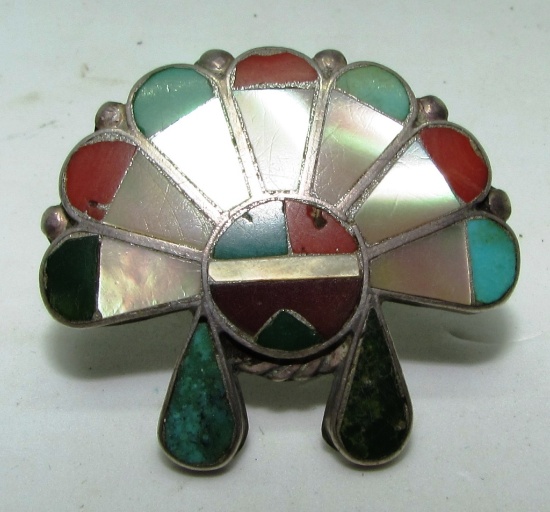 HUGE NATIVE MULTI-STONE STERLING SILVER RING CHIEF