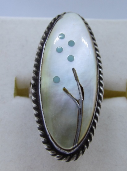 ZUNI INLAY RING STERLING SILVER TURQUOISE MOP