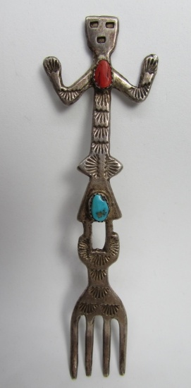 TURQUOISE CORAL FORK STERLING SILVER KACHINA EARLY