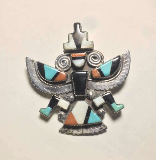 TURQUOISE CORAL STERLING KNIFEWING DANCER PIN ZUNI
