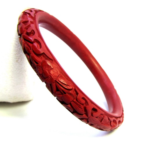 CARVED CINNABAR BANGLE BRACELET LACQUER CHINESE