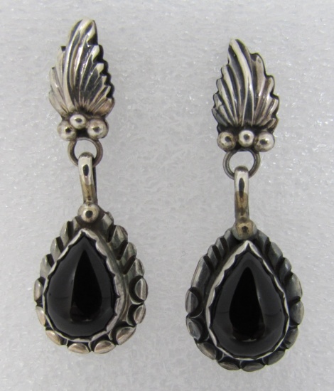 JET NAVAJO EARRINGS COIN STERLING SILVER OLD PAWN