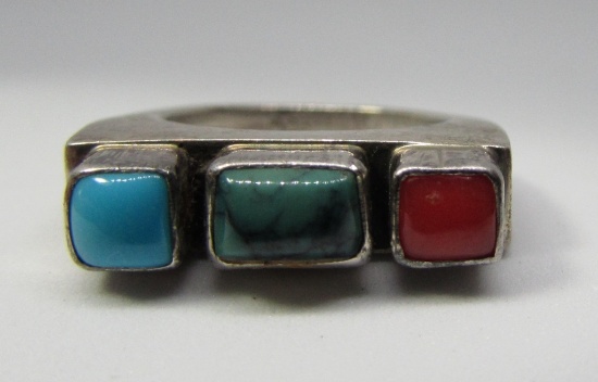 TURQUOISE CORAL BAND RING STERLING SILVER