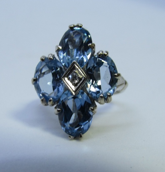 BLUE TOPAZ DIAMOND RING 10K WHITE GOLD