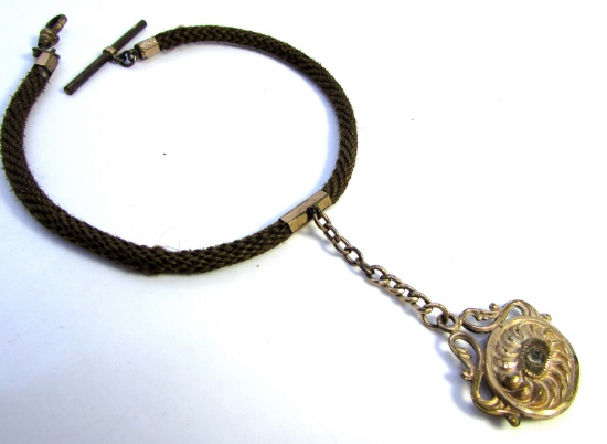 1850 WOVEN HAIR WATCH CHAIN FOB VICTORIAN MOURNING