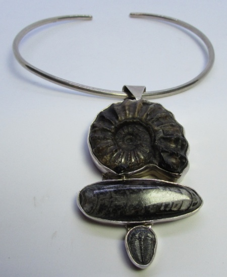 CHARLES ALBERT 3 FOSSIL PENDANT NECKLACE STERLING