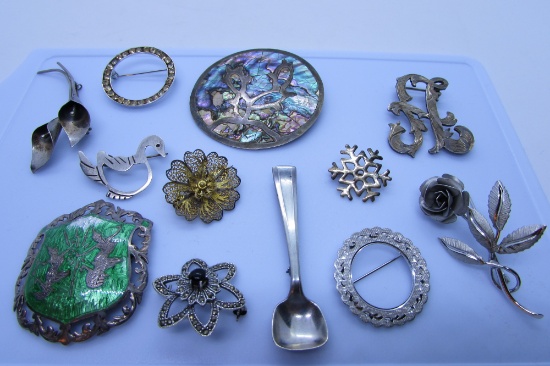 12 ASSORTED PINS ALL STERLING SILVER BROOCH