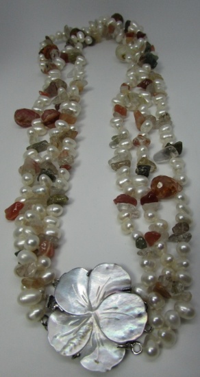 CULTURED PEARL GEMSTONE NECKLACE 3 STRAND BEADS