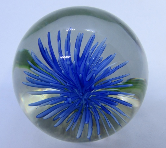 BLOWN GLASS FLORAL PAPERWEIGHT PRETTY BLUE GREEN
