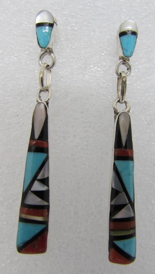 ZUNI TURQUOISE INLAY EARRINGS STERLING SILVER RB
