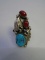 TURQUOISE & RED CORAL RING STERLING SILVER SIZE 8