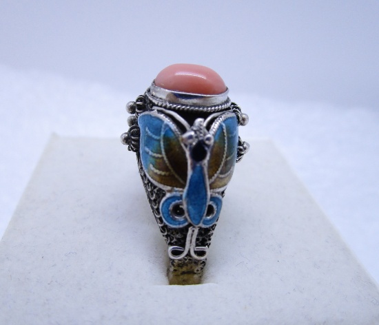 CORAL ENAMEL RING STERLING SILVER FILIGREE