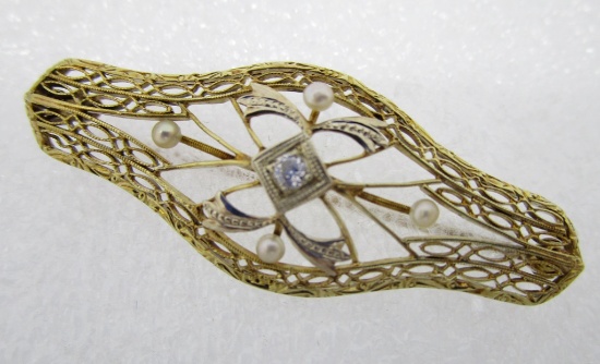 DIAMOND & SEED PEARL 14K GOLD PIN FILIGREE BROOCH