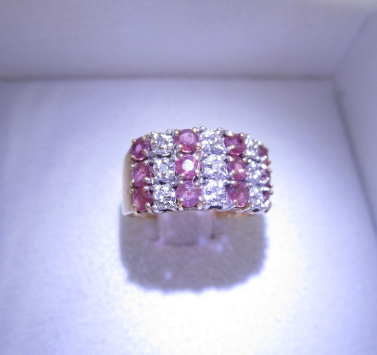 1CT RUBY DIAMOND RING 14K GOLD 3 ROW BAND