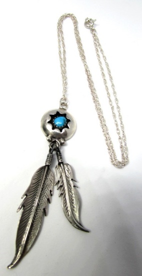 TURQUOISE FEATHER NECKLACE STERLING SILVER NAVAJO