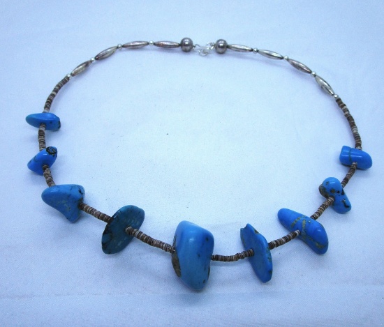 TURQUOISE STERLING SILVER HEISHI BEAD NECKLACE