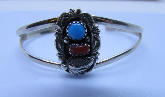 SIGNED RB TURQUOISE CORAL BRACELET STERLING SILVER