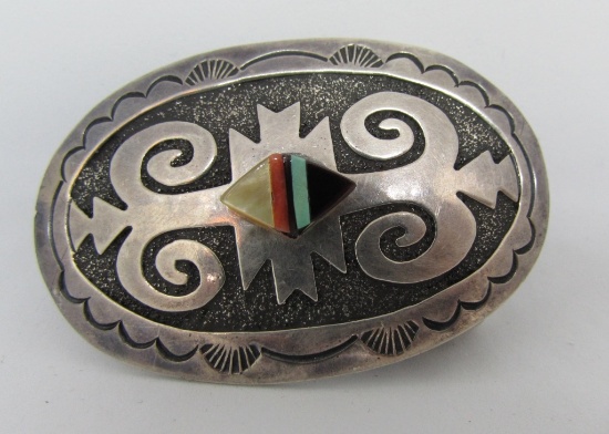 NATIVE SIGNED BELT BUCKLE STERLING SILVER INLAY