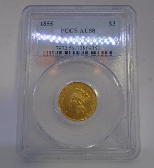 1855 GOLD 3 DOLLAR INDIAN PRINCESS COIN AU58