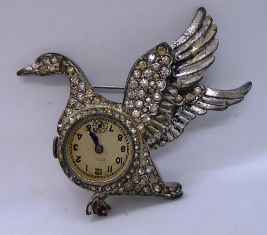 COLT SWISS WATCH PIN 1940 DUCK RHINESTONE BROOCH