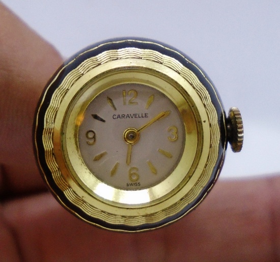 CARAVELLE BALL PENDANT WATCH GOLD & ENAMEL SWISS