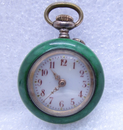 GREEN ENAMEL POCKET WATCH LEVER SET GUILLOCHE