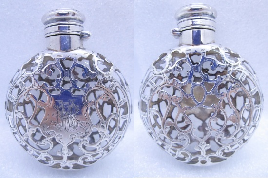 STERLING SILVER OVERLAY CRYSTAL FLASK 1890 BOTTLE