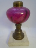 CRANBERRY GLASS OIL LAMP BRASS MARBLE BASE ANTIQUE