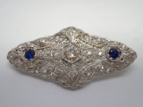 4C DIAMOND & SAPPHIRE PIN 18K GOLD FILIGREE BROOCH