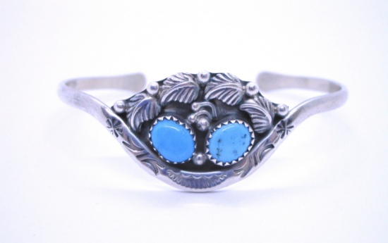 SIGNED "RB STERLING" TURQUOISE BRACELET SILVER