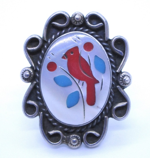 CARDINAL RING STERLING SILVER MOP CORAL TURQUOISE