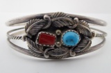 TURQUOISE CORAL CUFF BRACELET STERLING SILVER