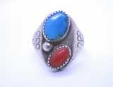DEAD PAWN TURQUOISE CORAL RING STERLING SILVER