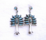 TURQUOISE SQUASH BLOSSOM EARRINGS STERLING SILVER