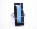 TURQUOISE INLAY RING STERLING SILVER JET / ONYX