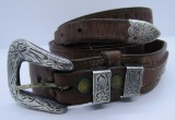 STERLING SILVER BUCKLE TOOLED LEATHER BELT 38