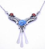 TURQUOISE & CORAL NECKLACE STERLING SILVER