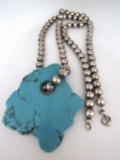 HUGE TURQUOISE NECKLACE STERLING SILVER BEADS 30