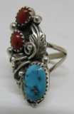 NAVAJO TURQUOISE CORAL RING STERLING SILVER
