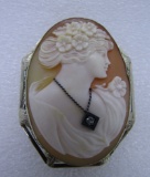 FILIGREE DIAMOND CAMEO PIN  14K WHITE GOLD PENDANT