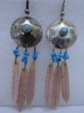 TURQUOISE FEATHER EARRINGS STERLING SILVER MOP