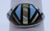 INLAY TURQUOISE RING STERLING SILVER MOP SOS JET